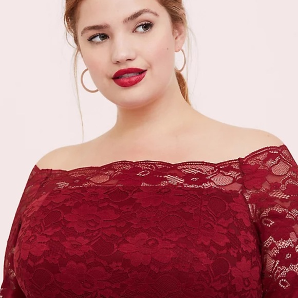 TORRID size 28 DARK RED LACE OFF SHOULDER PEPLUM DRESS - Picture 4 of 5